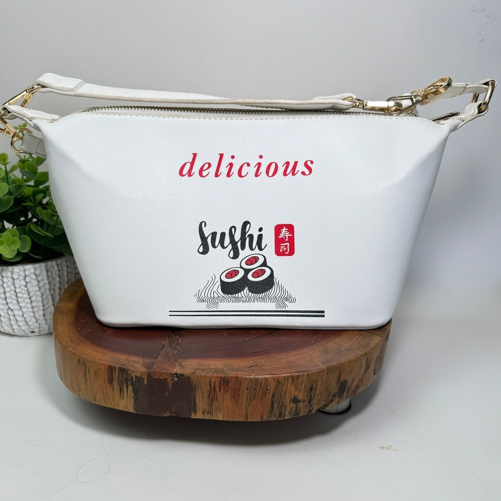Delicious Sushi Graphic White Faux Leather Shoulder Bag Gold Hardware Novelty